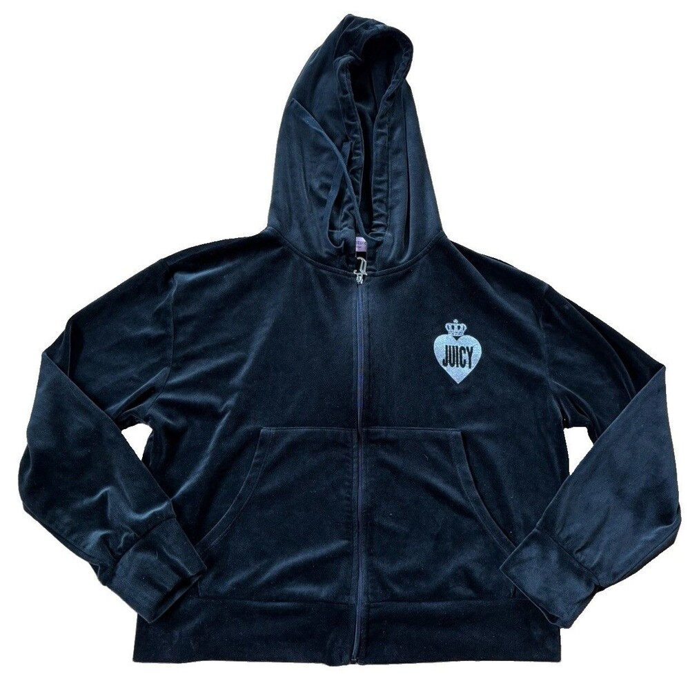 Juicy Couture Women’s S Black Velour Zip Up Hoodie Crown Heart Logo Y2K